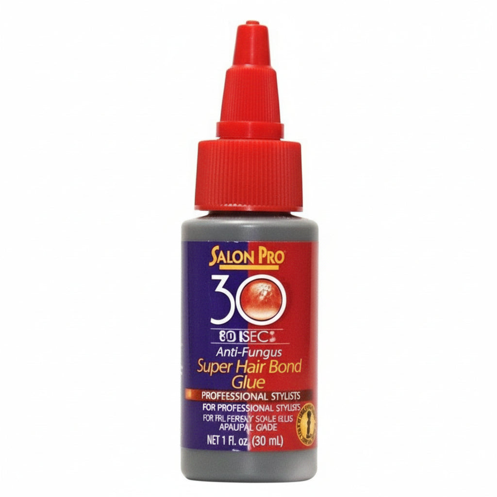 Product packaging for Salon Pro 30 Sec Super Hair Bonding Glue, a grey bottle with a red pointed cap and a multi-colored l...