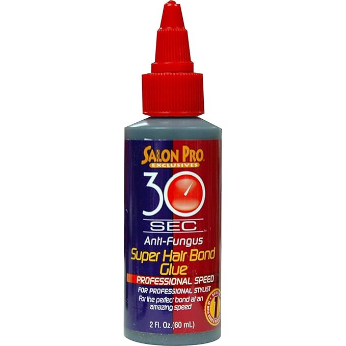 Salon Pro 30 Second Hair Bonding Glue 2 Oz product packaging. Dark gray bottle, red cap, blue and red label.