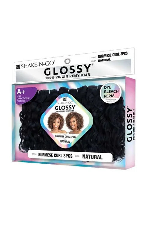 Natural black, tightly curled bundles of GLOSSY BURMESE CURL 3PCS hair in packaging. Two women model the curly hairstyle.