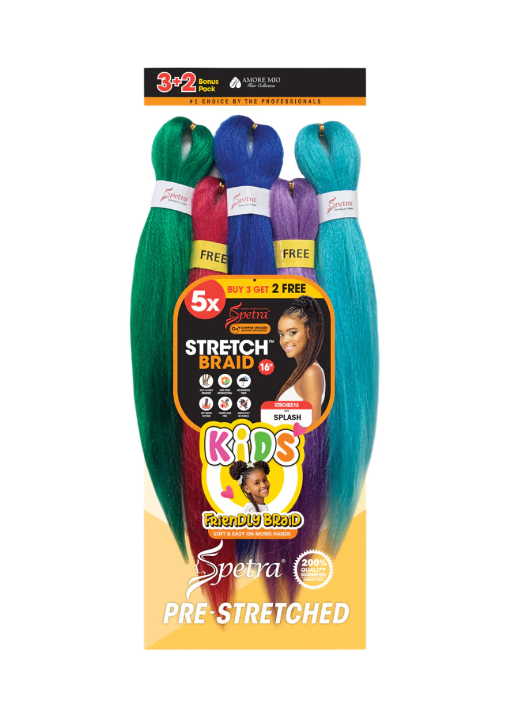Spetra Kids Pre-Stretched Braiding Hair 5X packaging features bundles in green, red, blue, purple, and teal colors.