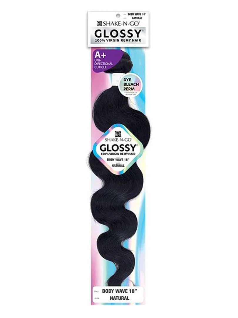 Product packaging for GLOSSY BODY WAVE SINGLE BUNDLE, displaying 18-inch natural black body wave hair extensions.