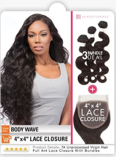 Sensationnel HH Body Wave Bundle Deal packaging. A woman with long, dark, wavy hair, three bundles, and a lace closure.