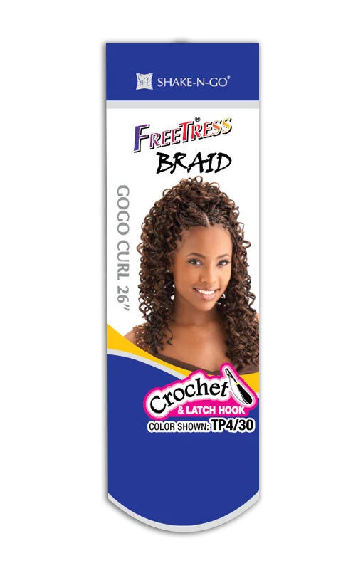 Freetress Braid GoGo Curl 26" product packaging shows a smiling woman with long, voluminous, curly brown crochet hair.