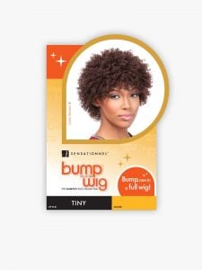 HH BUMP WIG TINY product packaging displays a model wearing a short, dark brown, curly afro wig with bangs.