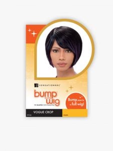 Product packaging for HH BUMP WIG VOGUE CROP, showing a woman with a short, dark, sleek bob wig and bangs.