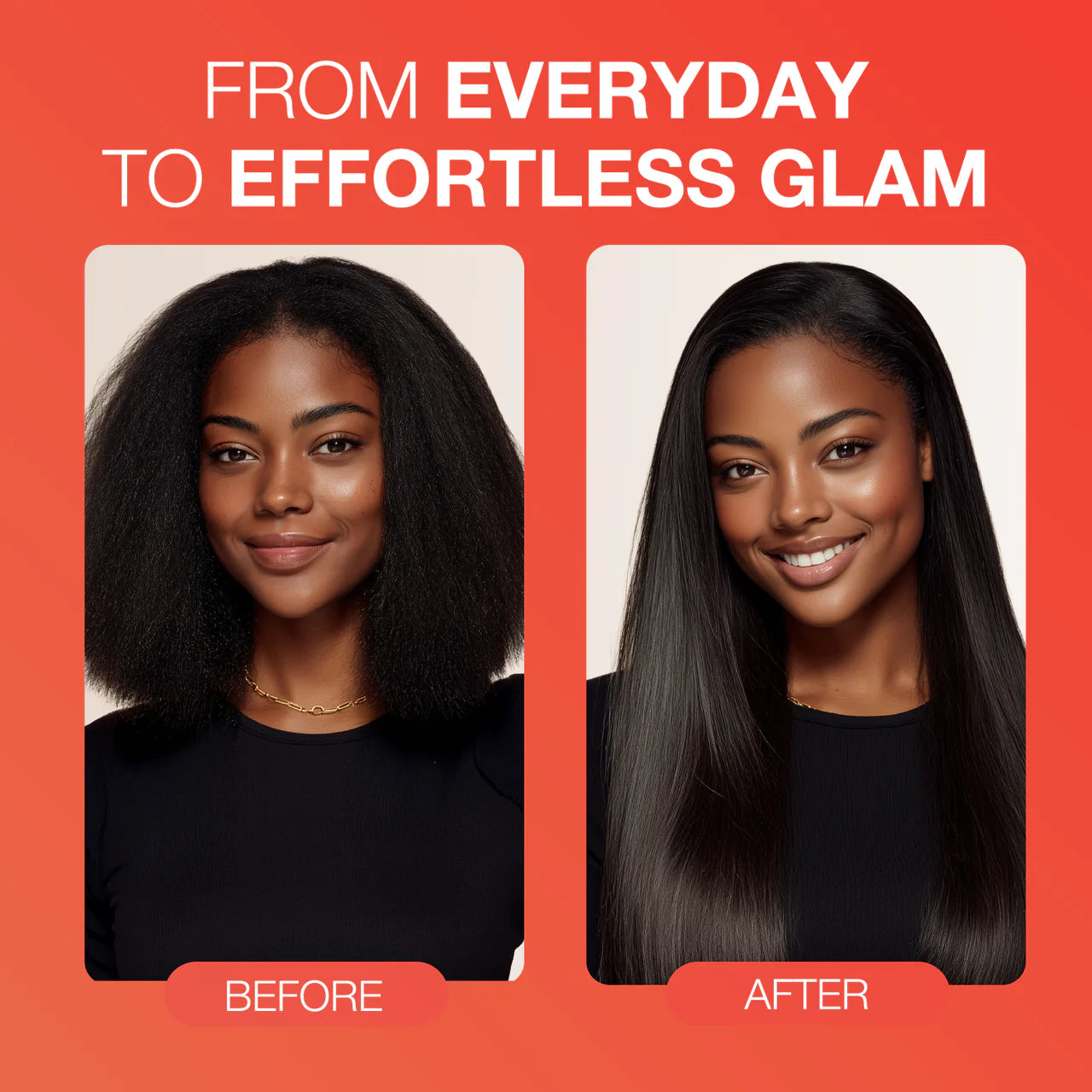 Smiling woman before and after using Ebin Wonder Lace Bond. Before: textured, shoulder-length black hair. After: long, sle...