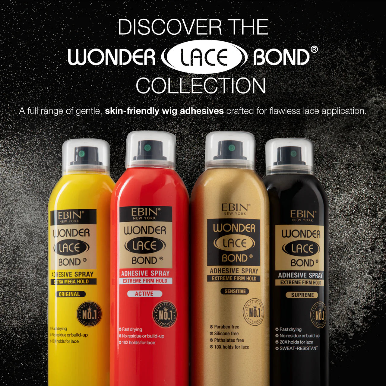 Packaging for the EBIN New York Wonder Lace Bond Adhesive Spray collection, featuring four colored cans: yellow, red, gold...