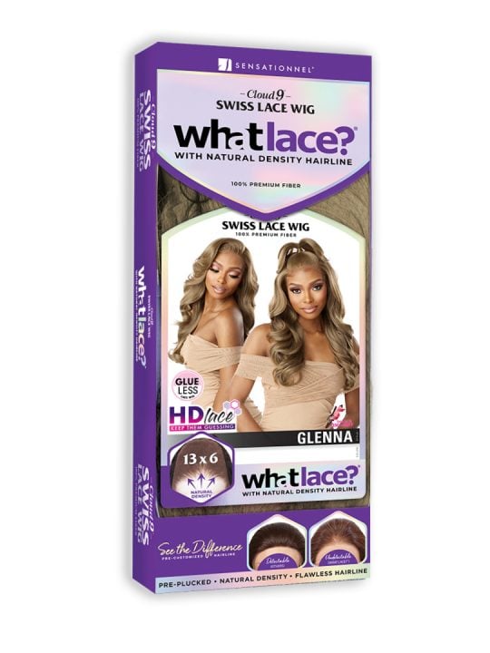 Packaging for Sensationnel CLOUD 9 WHAT LACE? WIG - GLENNA. Shows two women with long, wavy, ash blonde wigs, one with a h...