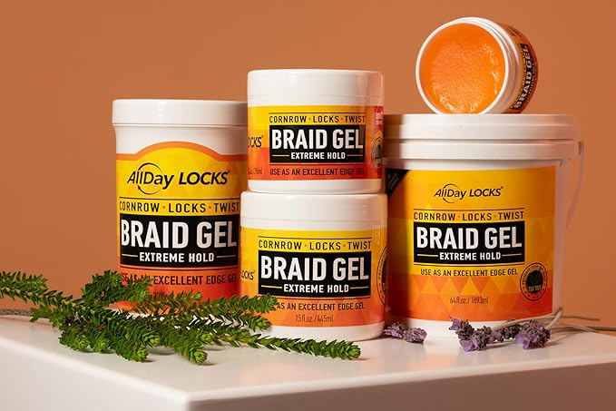 ALLDAY LOCKS BRAID GEL product packaging. Several tubs with white lids and yellow-orange labels. One open tub shows the or...