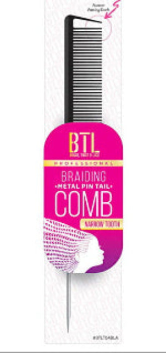 BTL Braiding Metal Pin Tail Comb packaging. Shows a black narrow-tooth comb with a metal tail and pink branding.