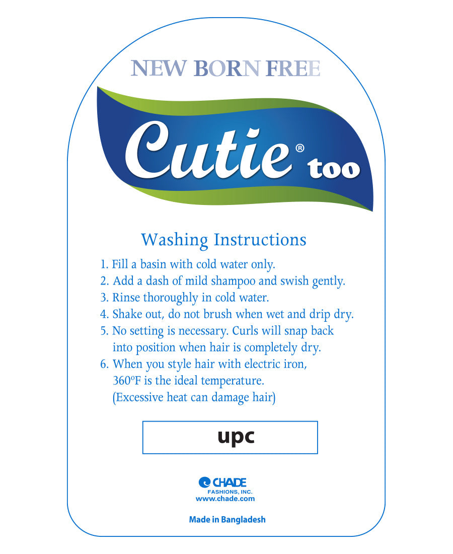 Product packaging for New Born Free Cutie too, with washing instructions, brand logo, and UPC details visible.
