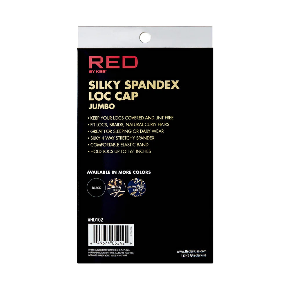 Back of RED By Kiss Silky Spandex Loc Cap Jumbo packaging, listing features like 'keep your locs covered' and available co...