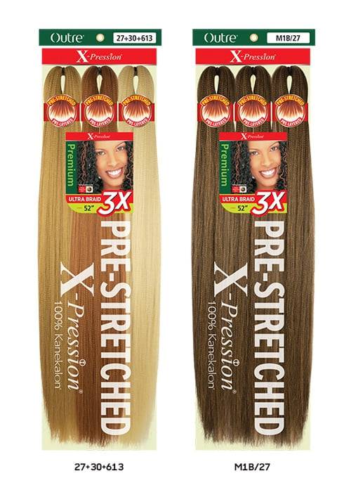 Two X-Pression Pre-Stretched Braid packages. Left with blonde and light brown hair, right with dark and reddish-brown.