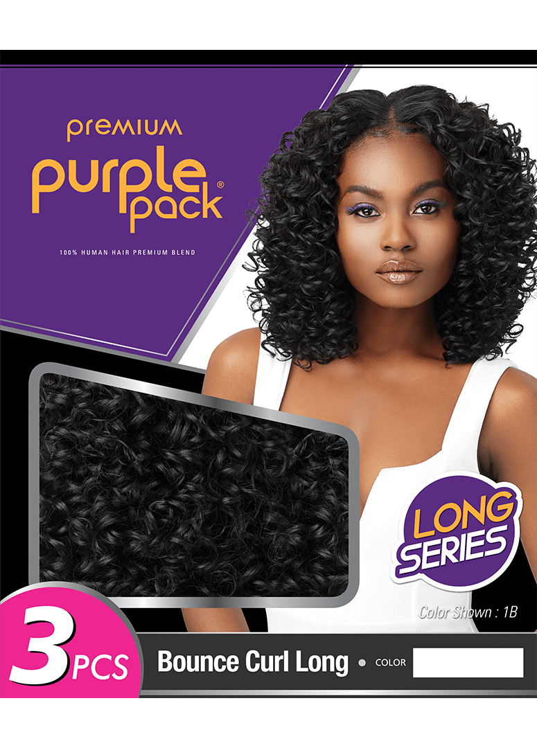 HH Purple Pack Long 3PCS packaging shows a woman with shoulder-length black bouncy curls, plus a close-up of the Bounce Cu...