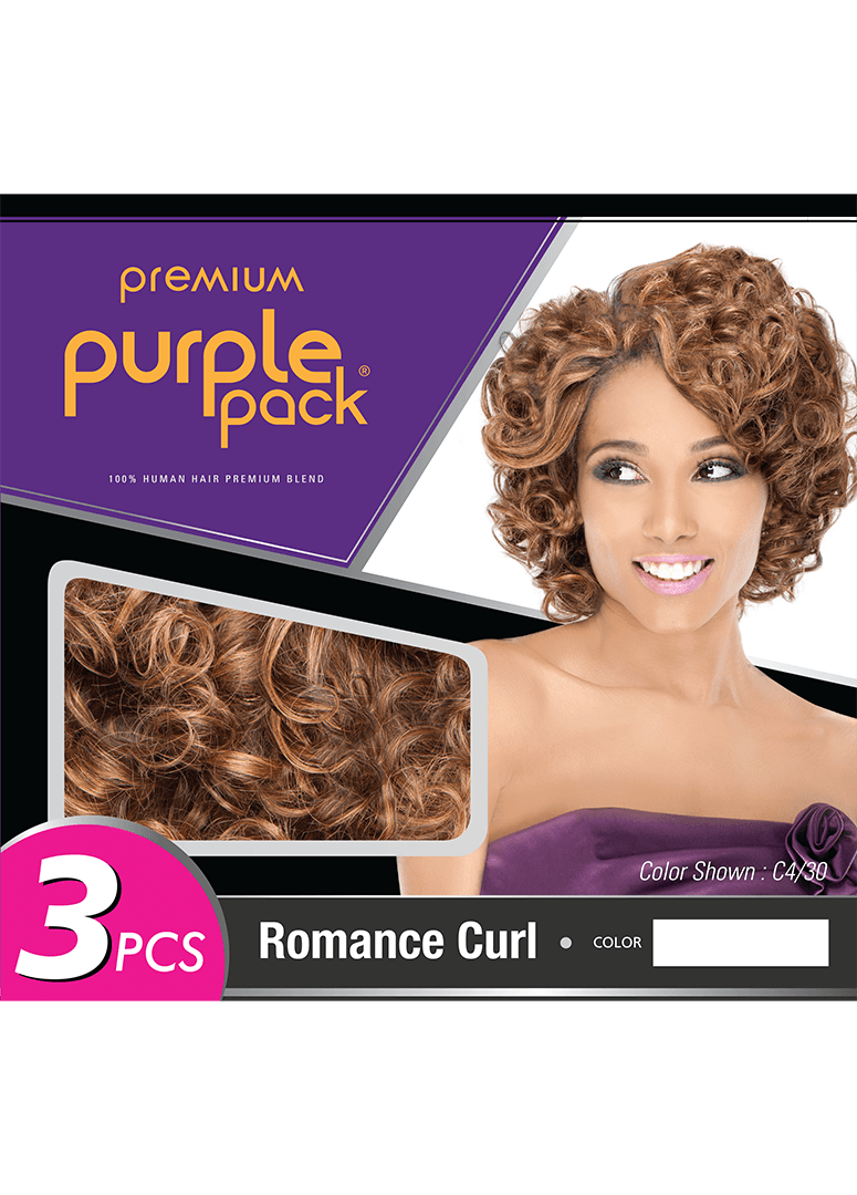 HH PURPLE PACK Romance Curl shown on a woman with short, voluminous auburn-blonde curly hair and a texture close-up.