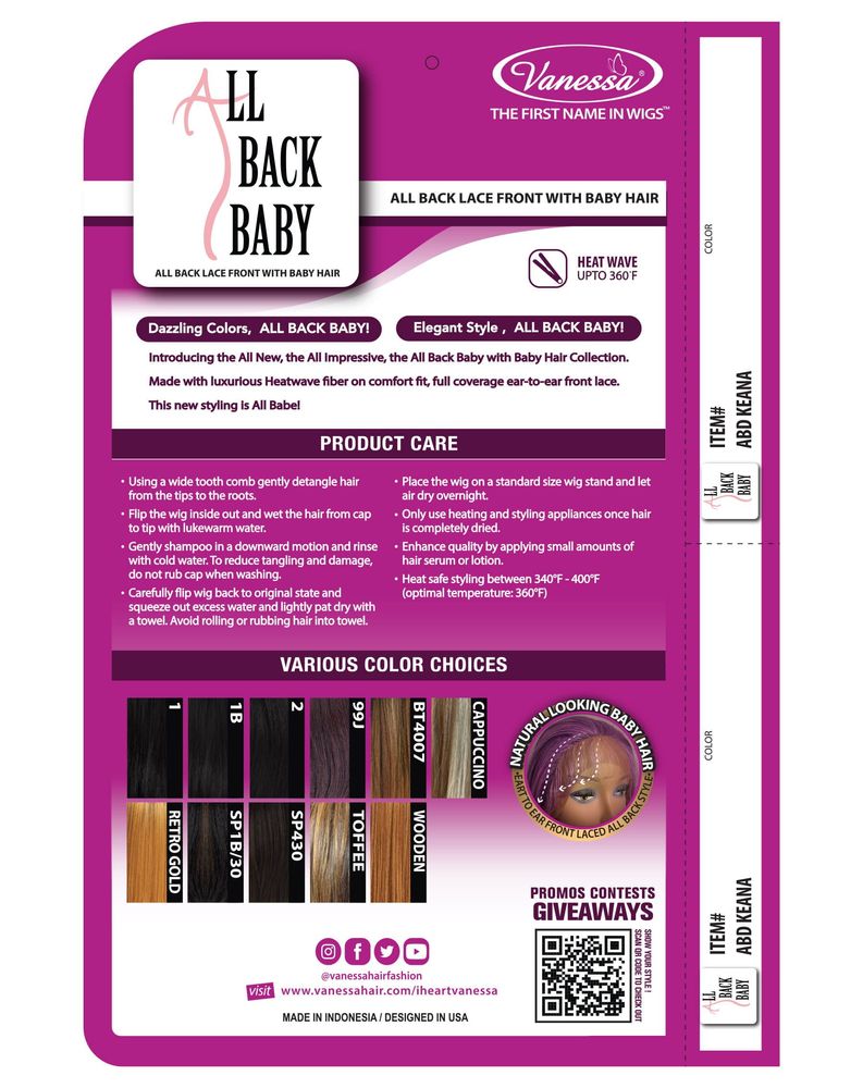 Packaging for Vanessa ALL BACK BABY wig, item ABD KEANA. Features lace front, baby hair, heat-safe fiber, and color swatches.