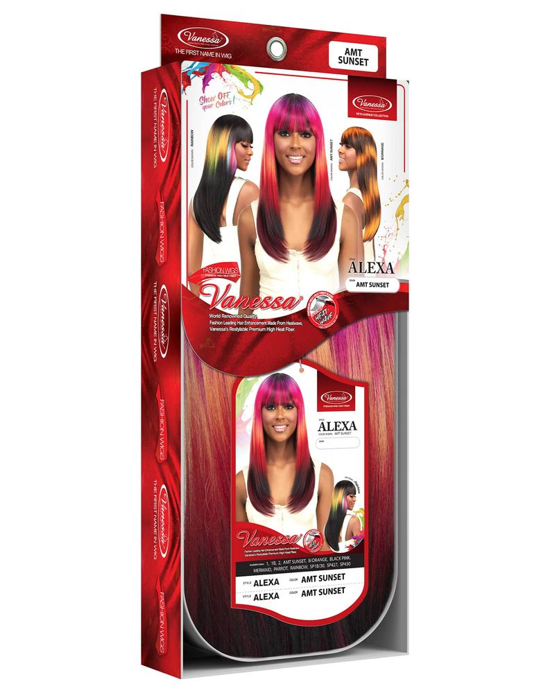 Vanessa ALEXA Synthetic Wig packaging displays a woman with long, straight AMT SUNSET ombre hair and bangs.