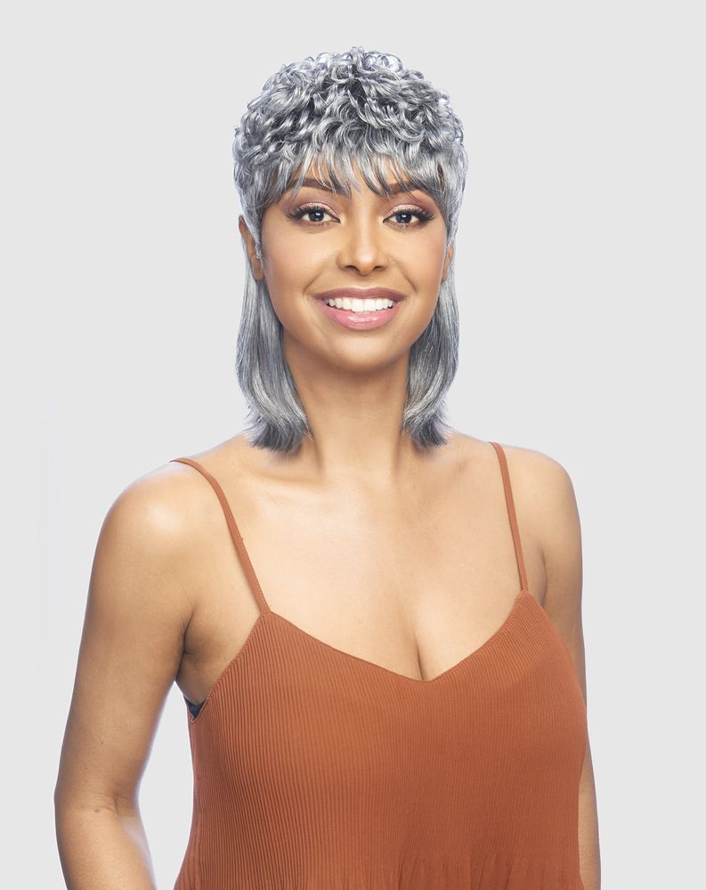 Smiling woman wears Vanessa AMA Synthetic Wig. Short silver hair, curly on top, straight sides & bangs.