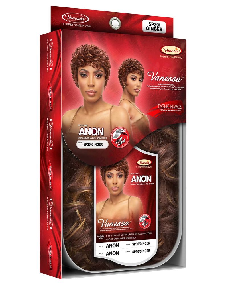 Vanessa ANON Synthetic Wig packaging features a woman modeling a short, curly, SP30/Ginger wig. Wavy brown hair texture vi...