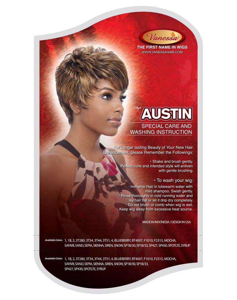 Vanessa AUSTIN wig packaging shows a woman modeling a short, layered golden brown pixie with highlights.