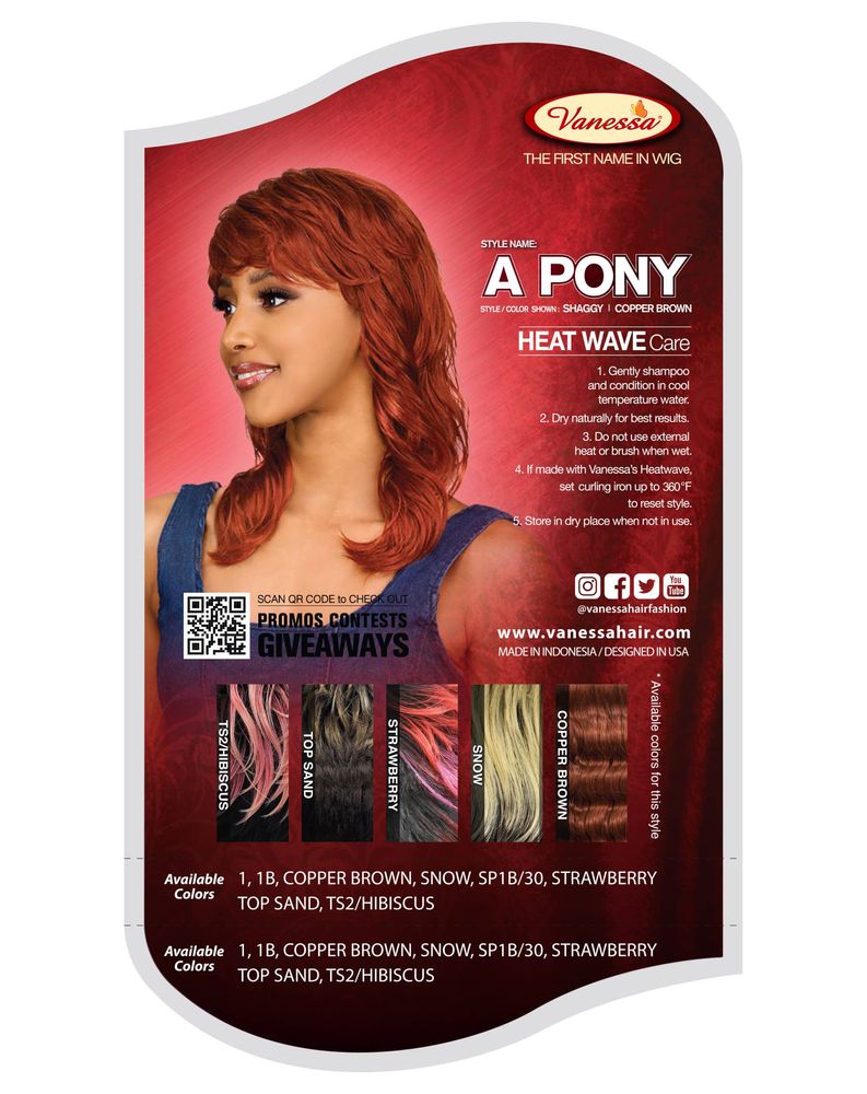 Vanessa A PONY Synthetic Wig packaging. Model wears a shaggy, wavy, shoulder-length copper brown wig. Color swatches below.