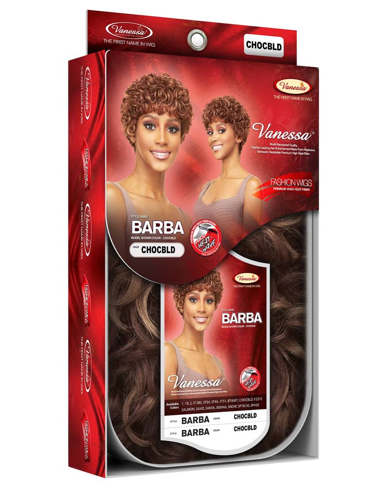 Packaging for Vanessa BARBA Synthetic Wig. Shows a model with a short, tightly curled reddish-brown wig and a dark brown w...