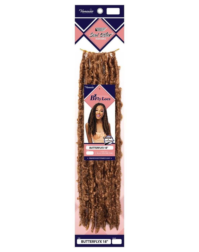 Vanessa Synthetic BFLYX 18" Pre-Looped Butterfly Locs packaging, showing warm brown textured hair bundle with model.