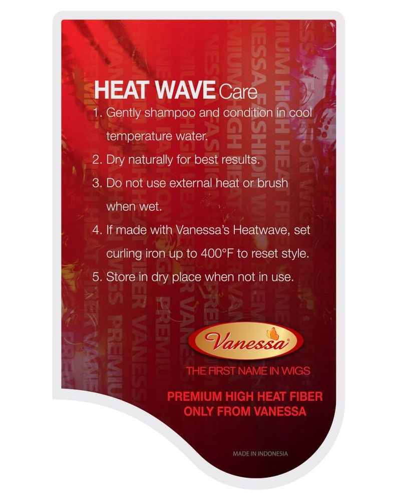 Vanessa wig care label: red tag with 'HEAT WAVE Care' instructions for heat-friendly synthetic wigs.