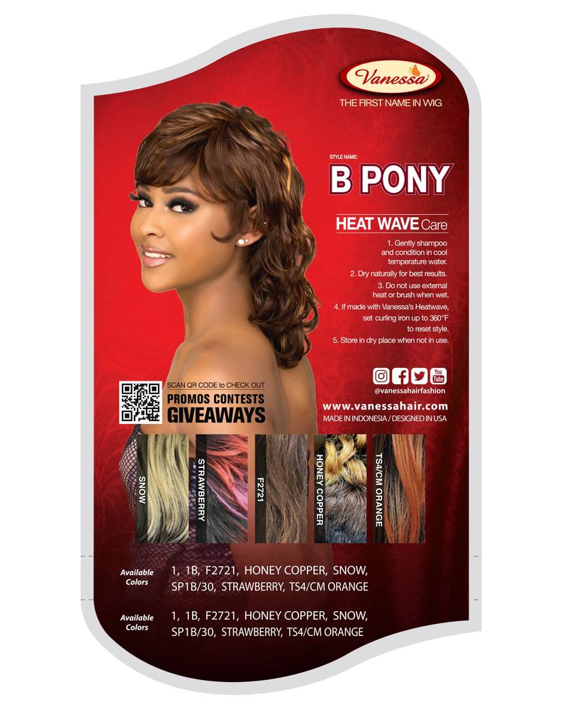 Vanessa B PONY wig packaging shows a smiling woman with a wavy, shoulder-length, warm brown bob with bangs.