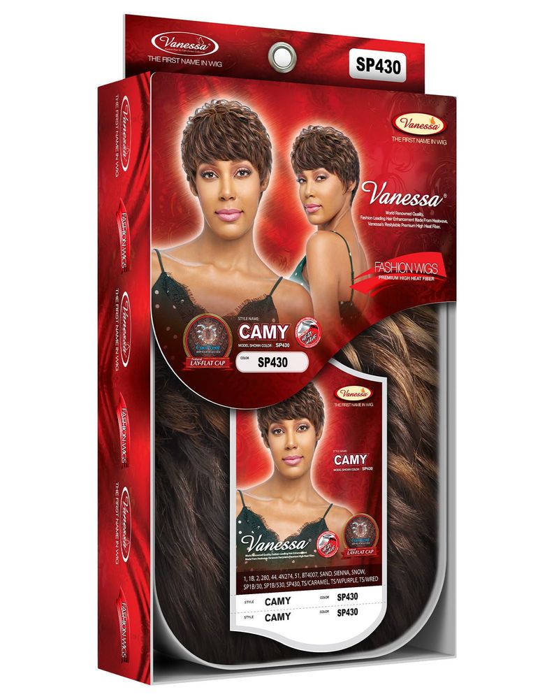 Vanessa CAMY Synthetic Wig packaging shows a model with a short, textured brown pixie cut, plus a hair color swatch.