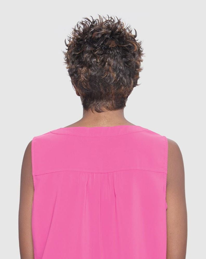 Back view of a person wearing a short, spiky Vanessa DANI Synthetic Wig with multi-toned dark brown and auburn curls.