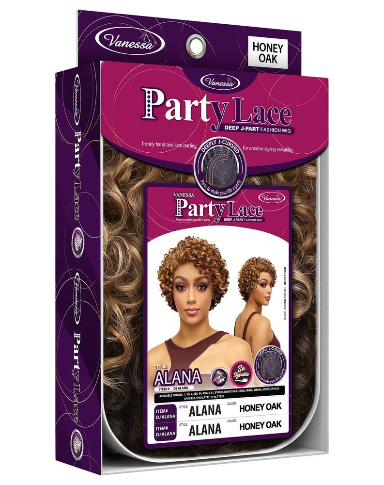 Synthetic Lace Wigs DJ ALANA PartyLace packaging. Features model in short, curly honey oak wig; wavy hair visible.