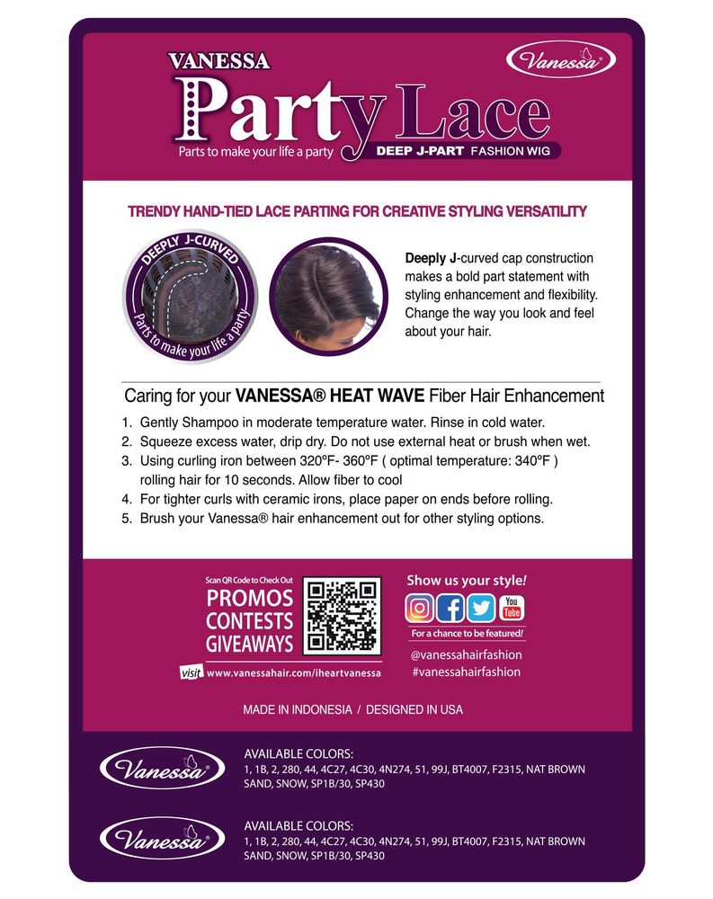Packaging for Synthetic Lace Wigs DJ BAROL. Vanessa PartyLace info card displays a J-part wig style, cap, and care instruc...