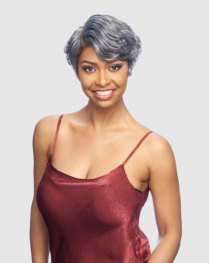 Smiling woman wearing a short, wavy silver DJ DIVA pixie wig with sculpted finger waves and a side part.