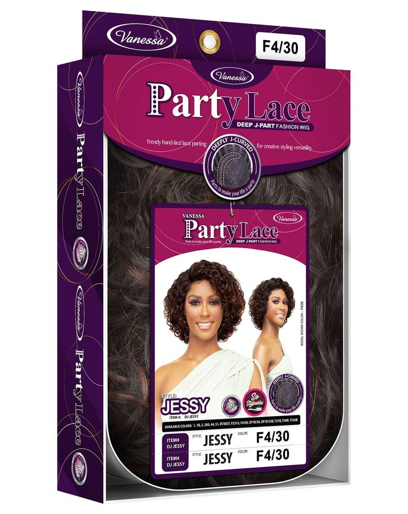 Vanessa Party Lace DJ JESSY synthetic wig packaging, F4/30. Model has short, curly, dark brown bob with auburn highlights.