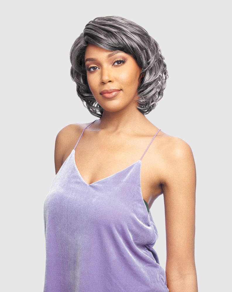 DJ JIMMY Synthetic Lace Wig: Woman models a short, wavy bob in mixed grey and black with side bangs.