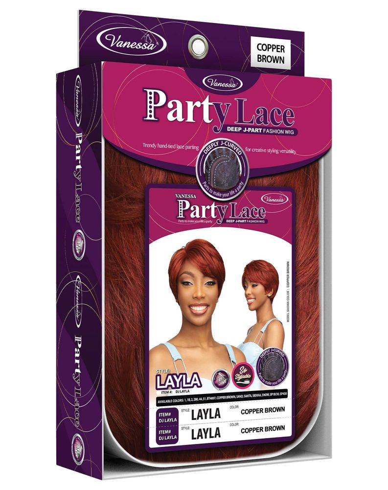 Packaging for Synthetic Lace Wigs DJ LAYLA, featuring a model with a short, layered copper brown pixie wig.