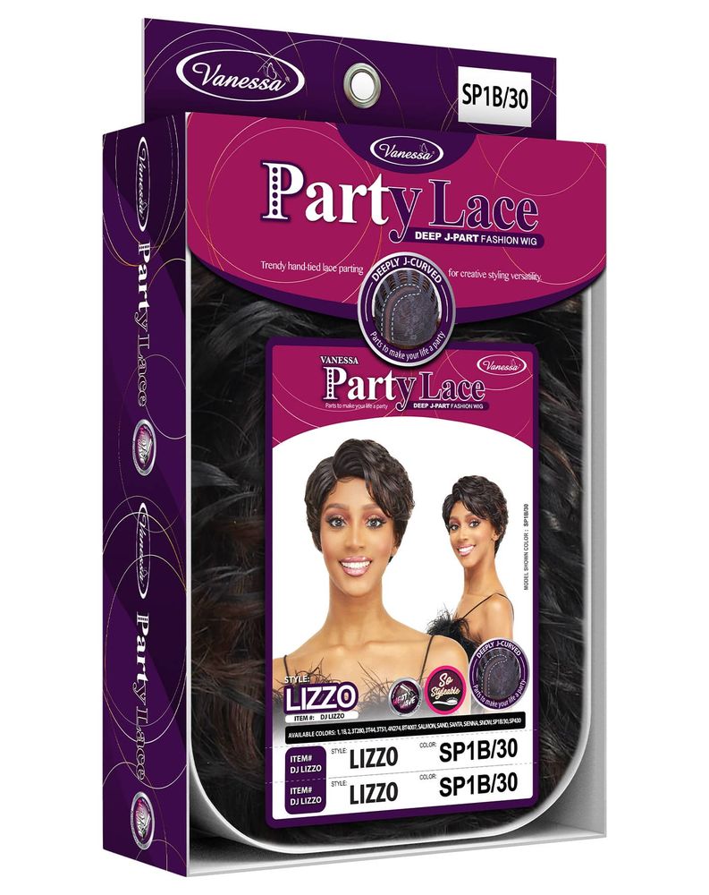 Packaging for Synthetic Lace Wigs DJ LIZZO, showing a model wearing a short, wavy, dark brown pixie wig.