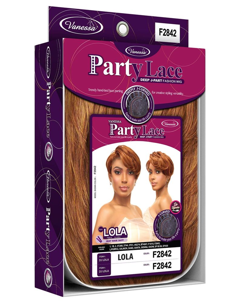 Synthetic Lace Wigs DJ LOLA packaging. Features wavy auburn hair and a model wearing a short, reddish-brown wig.
