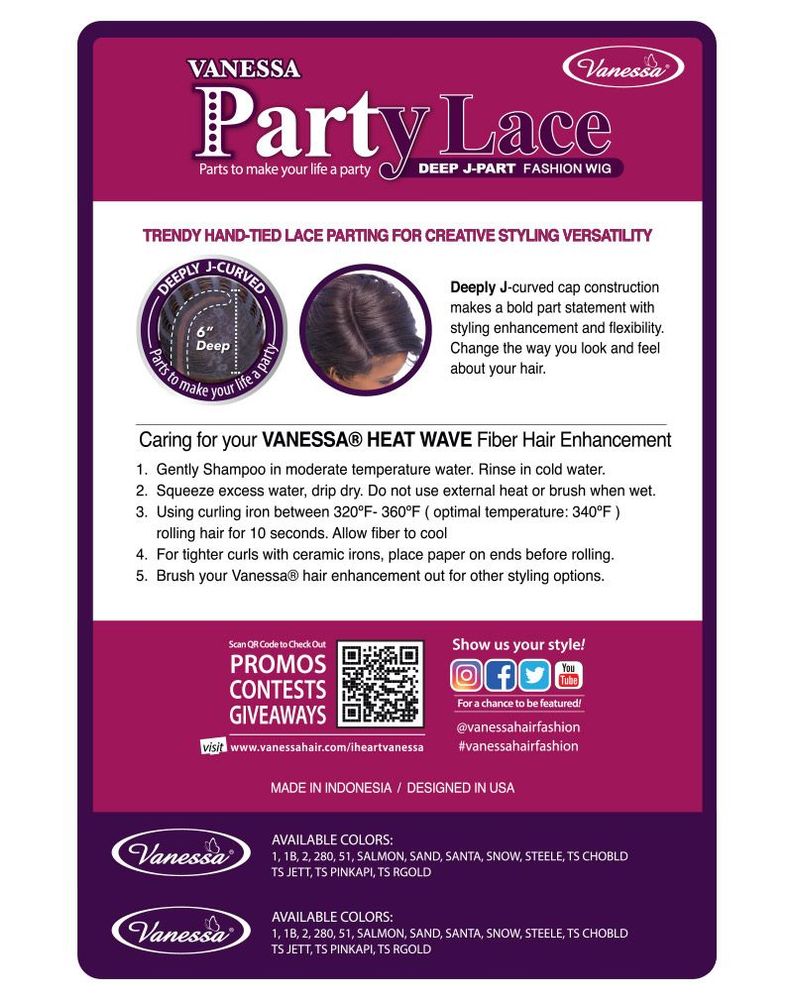 Informational sheet for Synthetic Lace Wigs DJ NASI, detailing the Vanessa PartyLace deep J-parting and dark brown hair.