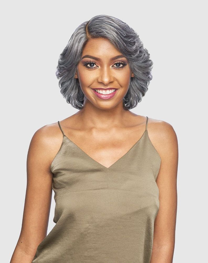 Smiling woman models DJ VESA synthetic lace wig. It's a short, voluminous gray bob with soft waves and a deep side part.