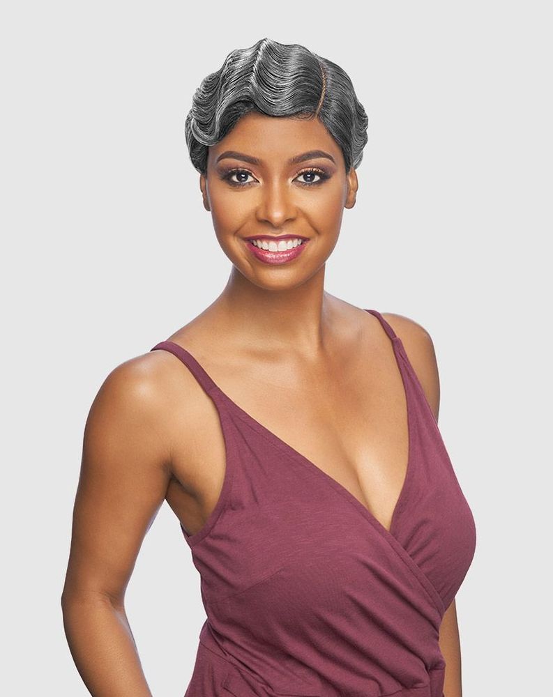 Woman models DRJ MARIAH synthetic lace wig. Short, silver finger waves with a side part.