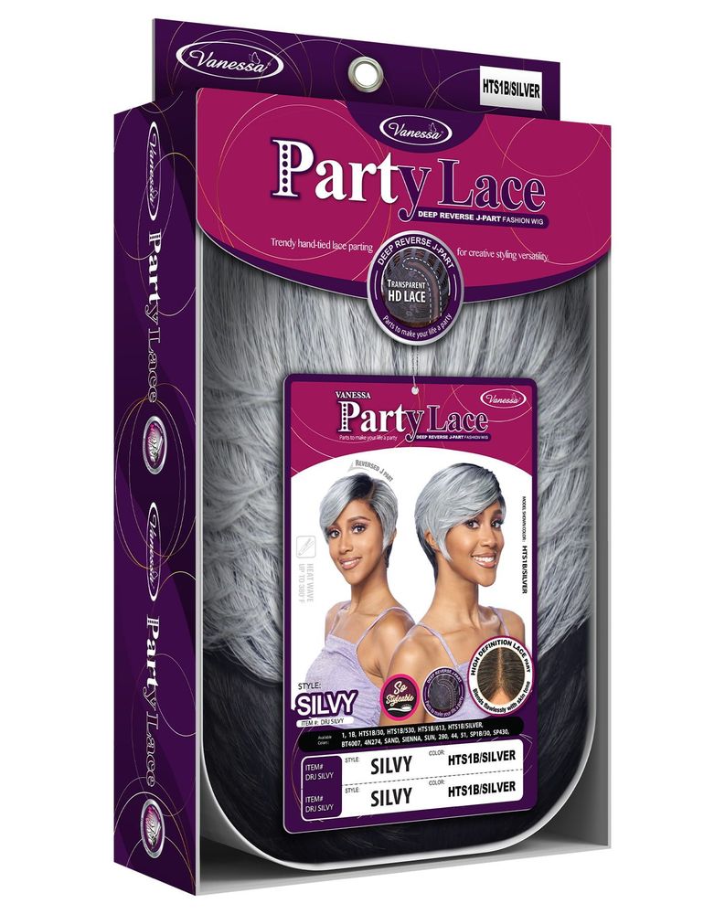 Packaging for DRJ SILVY Synthetic Lace Wig in HTS1B/SILVER. Displays a woman with a short, layered silver-grey pixie cut w...