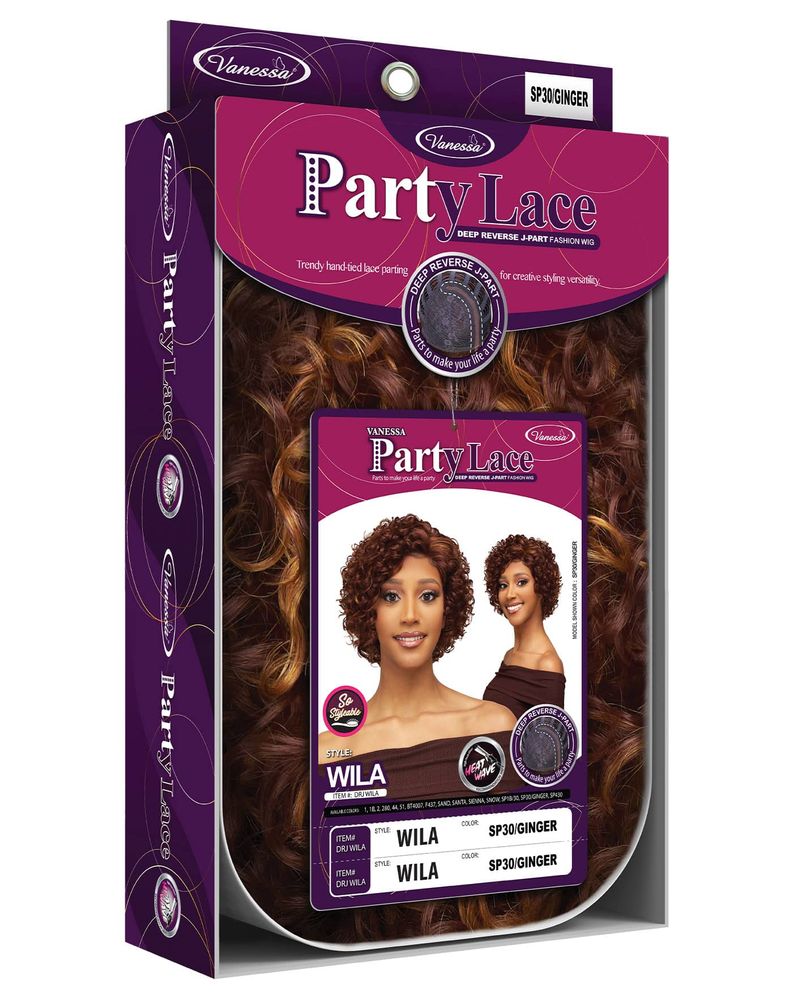 Packaging for Synthetic Lace Wigs DRJ WILA shows a model wearing a short, curly SP30/Ginger wig. Long ginger curls are vis...