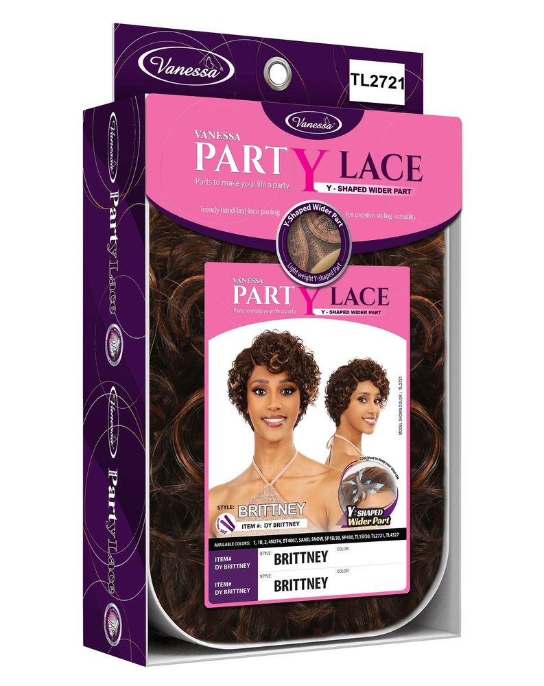 Packaging for Synthetic Lace Wigs DY BRITTNEY. It features a model wearing a short, curly, dark brown wig with highlights.