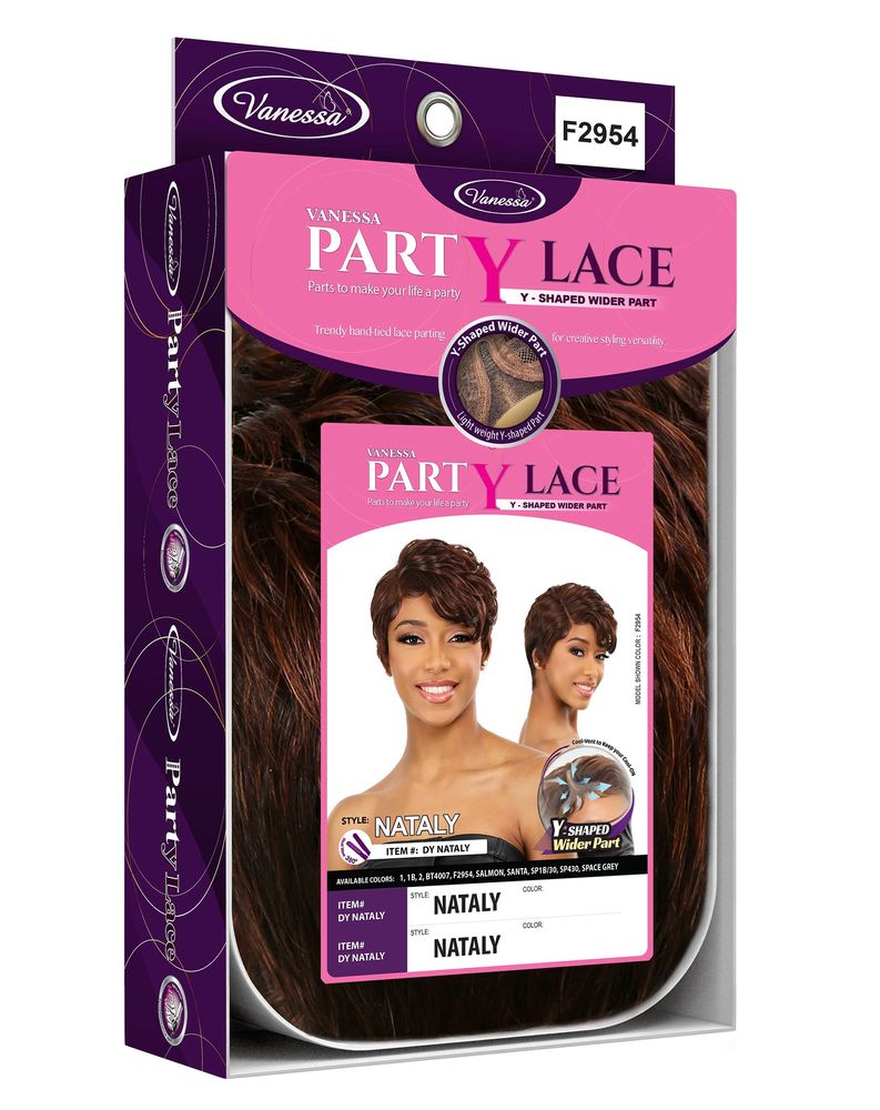 Packaging for Vanessa PART Y Lace DY NATALY wig. Features a smiling woman with a short, wavy, reddish-brown pixie cut.