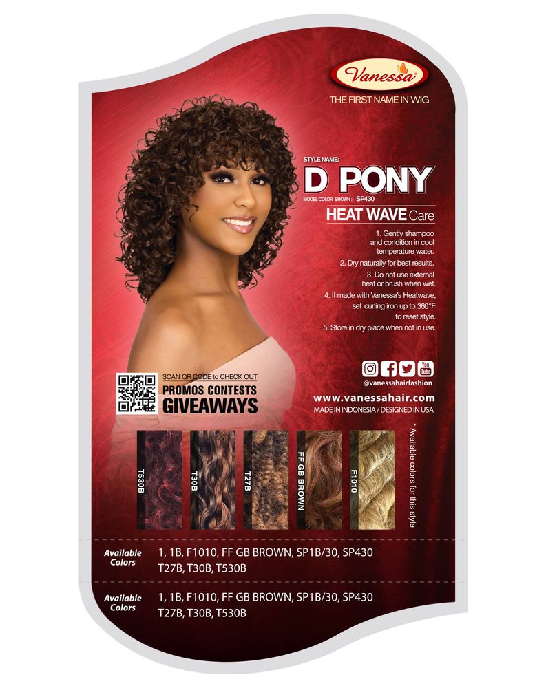 Vanessa D PONY wig packaging featuring a smiling woman with a short, curly, dark brown wig and bangs.