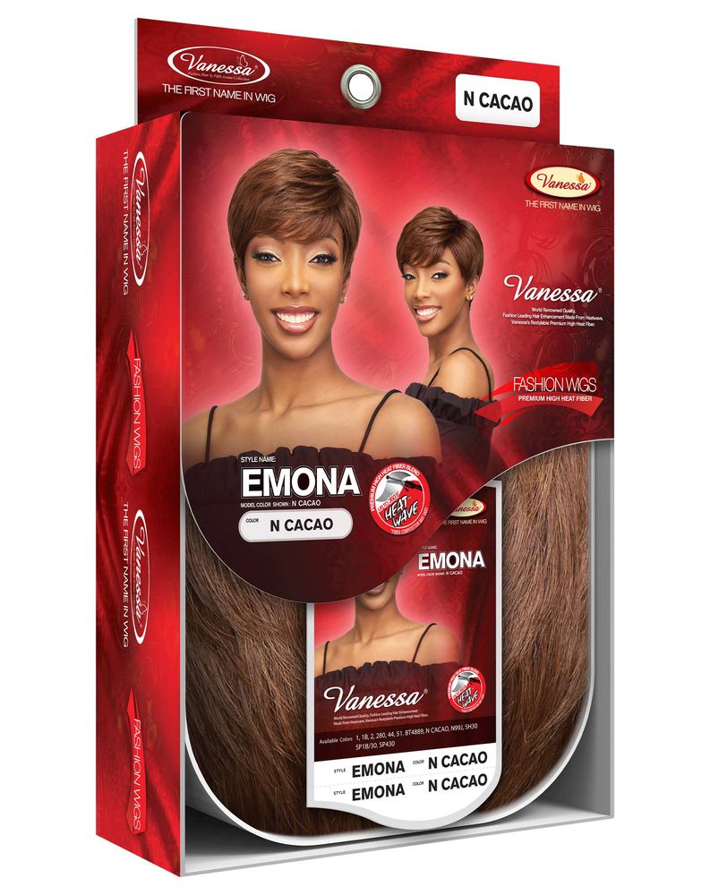Packaging for Vanessa EMONA wig in N Cacao. Features a woman with a short, layered, auburn pixie and a visible sample of w...