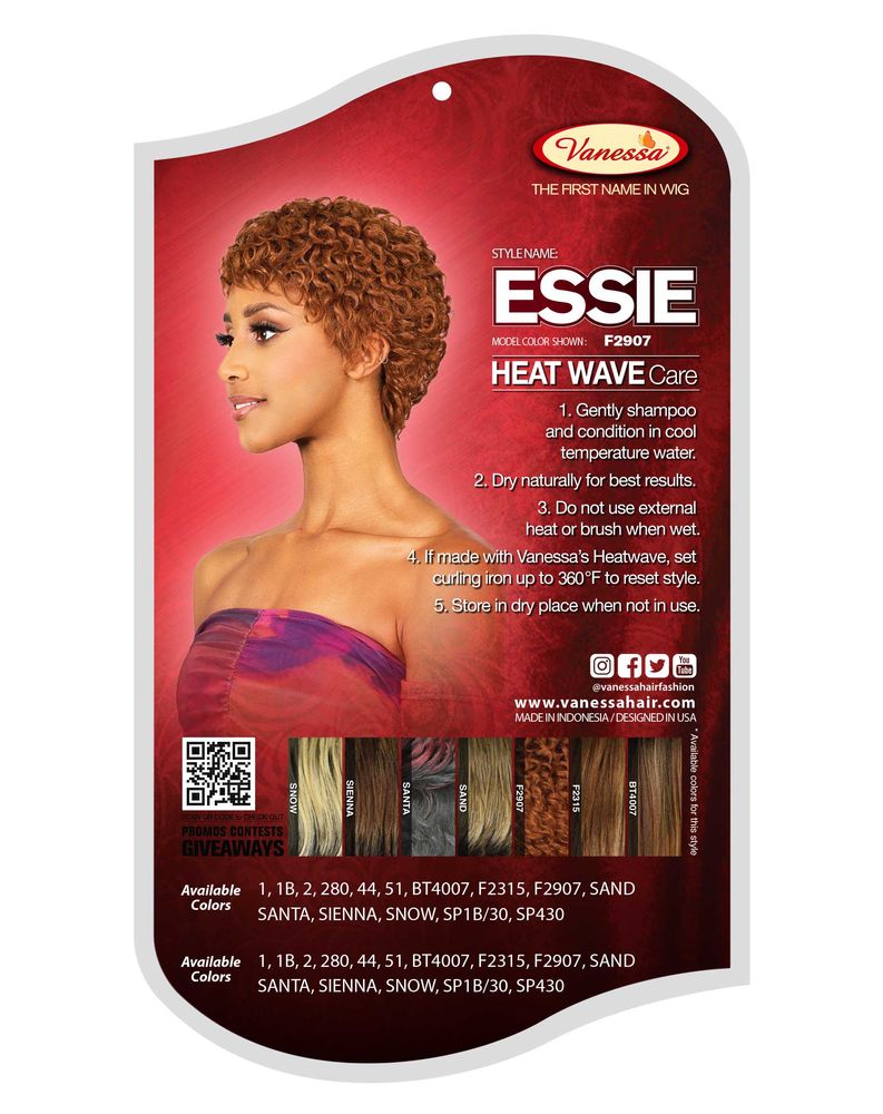 Vanessa ESSIE Synthetic Wig packaging with a woman modeling a short, curly reddish-brown wig. Care instructions & color sw...