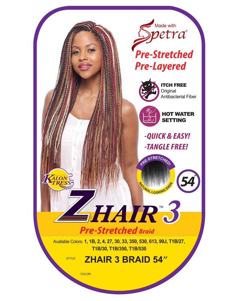 Z HAIR 3 Pre-Stretched Braid packaging displays a woman with long, layered multicolored braids. Highlights "itch free" and...